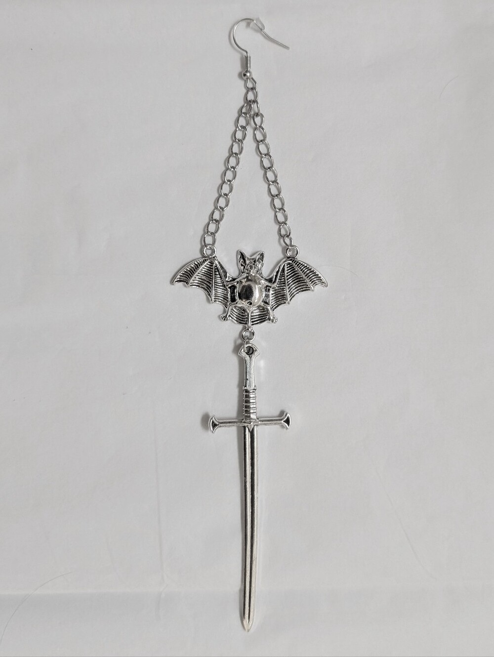 NWT Extra Long Handmade Silver Bat Chain and Sword Earrings - Picture 3 of 8